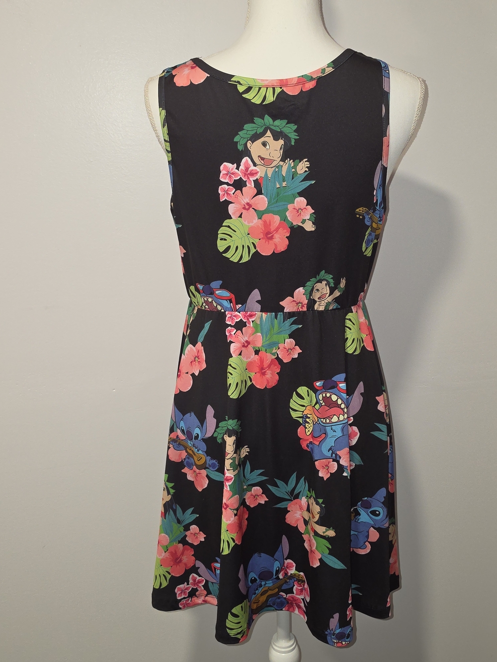 Disney Lilo & Stitch Black Tropical Scoop Neck Stretchy Mini Dress Womens XL - Picture 4 of 7